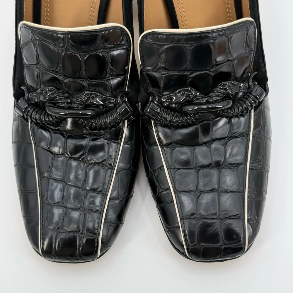 Tory Burch Jessa Black Croc Texture Square Toe Loafers Gold Architectural Heel